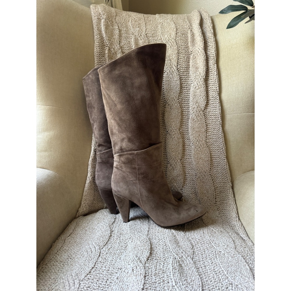 Made in Italy Taupe Suede Slouchy Knee High Pointed Toe Cone Heel Boots Size 8.5